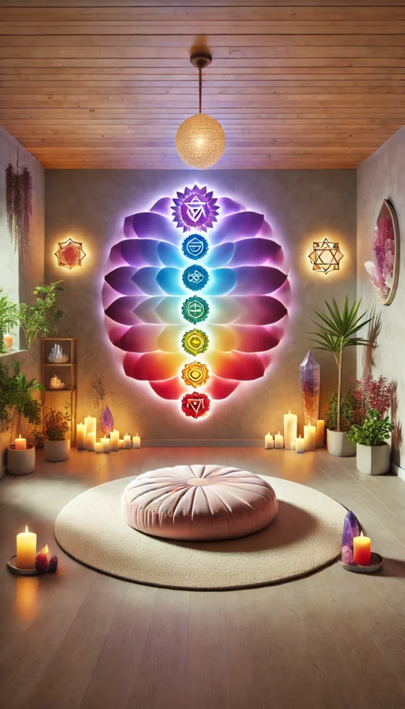 vertical chakra decor room with large chakra wall art in zen room