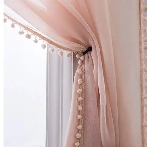Pretty Linen Look Pom Pom Tasseled Sheer Curtains
