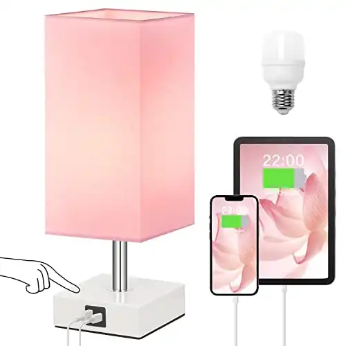 Pink Touch Control Table Lamp with 2 USB Charging Ports