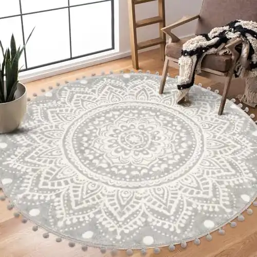Circular Mandala Area Rug with Pom Poms Fringe Washable