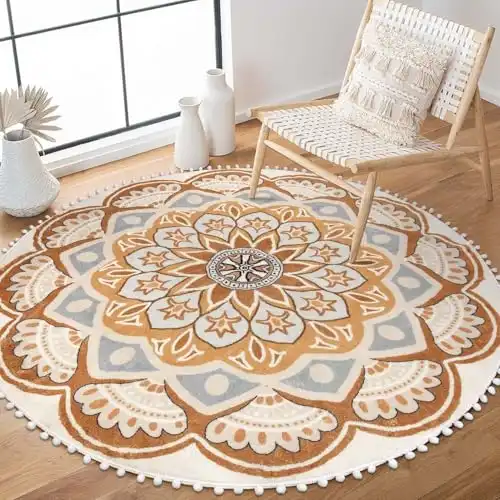 Circle Boho Rug with Pom Pom Fringe