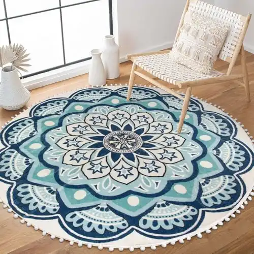 Blue Mandala Boho Rug with Pom Pom Fringe