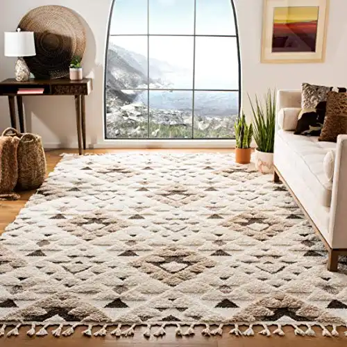 SAFAVIEH Moroccan Tassel Shag Collection Area Rug – 8′ x 10′, Ivory & Brown, Boho Design, Non-Shedding & Easy Care, 2-inch Thick Ideal for High Traffic Areas in Living Room, ...