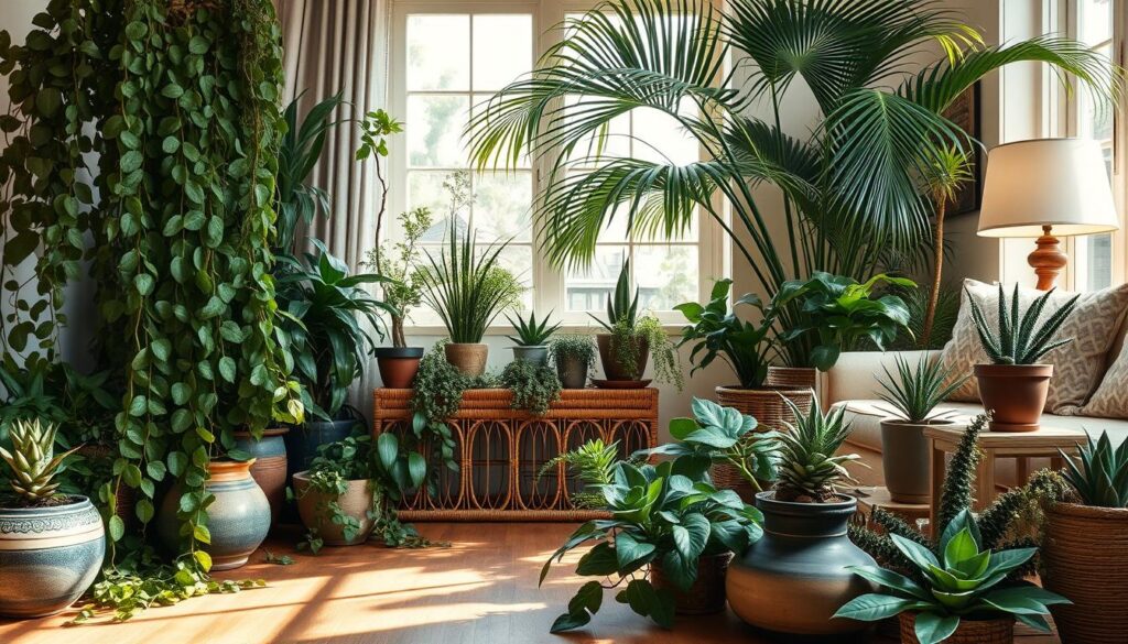 A lush, bohemian-inspired living room with an abundance of thriving plants. The foreground features a variety of trailing vines, bushy foliage, and sculptural succulents spilling out of vintage ceramic pots and woven baskets. In the middle ground, a rattan side table holds more potted plants, their leaves casting soft shadows on the wooden floor. The background showcases a tall, leafy plant with arched fronds, framed by a sun-dappled window, evoking a serene, natural ambiance. Warm, diffused lighting from a nearby lamp creates a cozy, atmospheric glow, while a wide-angle lens captures the scene's inviting, harmonious composition. A lush, bohemian-inspired living room with an abundance of thriving plants. The foreground features a variety of trailing vines, bushy foliage, and sculptural succulents spilling out of vintage ceramic pots and woven baskets. In the middle ground, a rattan side table holds more potted plants, their leaves casting soft shadows on the wooden floor. The background showcases a tall, leafy plant with arched fronds, framed by a sun-dappled window, evoking a serene, natural ambiance. Warm, diffused lighting from a nearby lamp creates a cozy, atmospheric glow, while a wide-angle lens captures the scene's inviting, harmonious composition.
