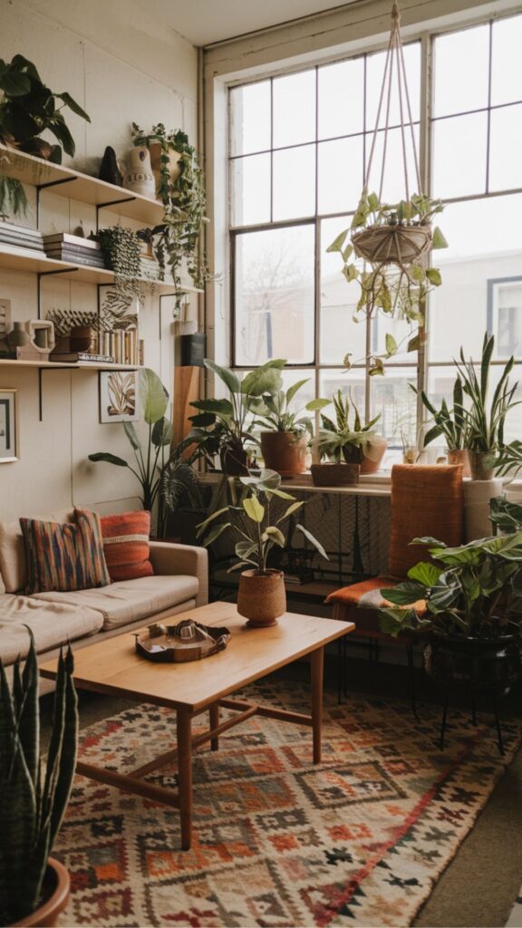 Boho Living Room With Bookshelves