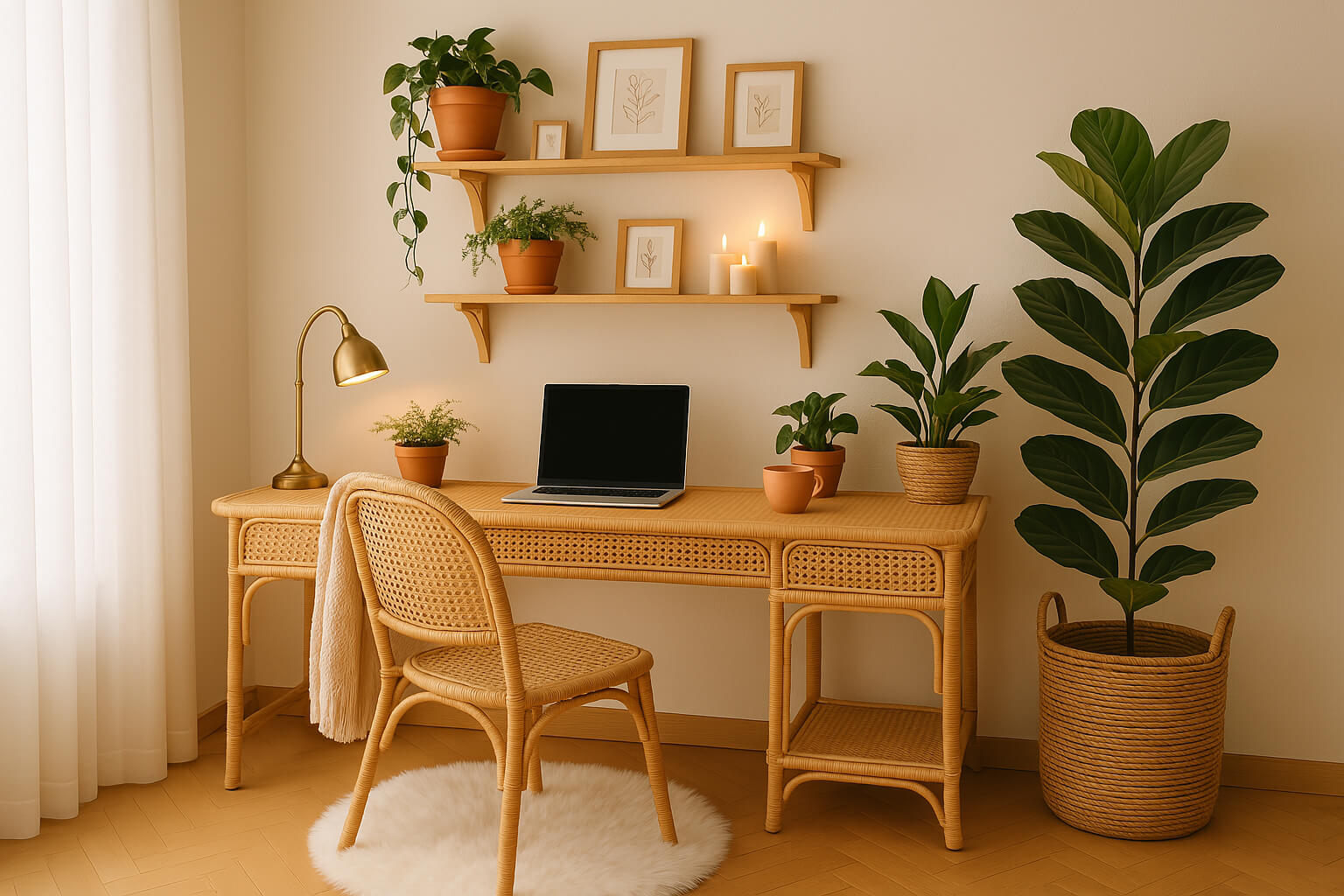 cozy home office with boho decor, rattan table and chair