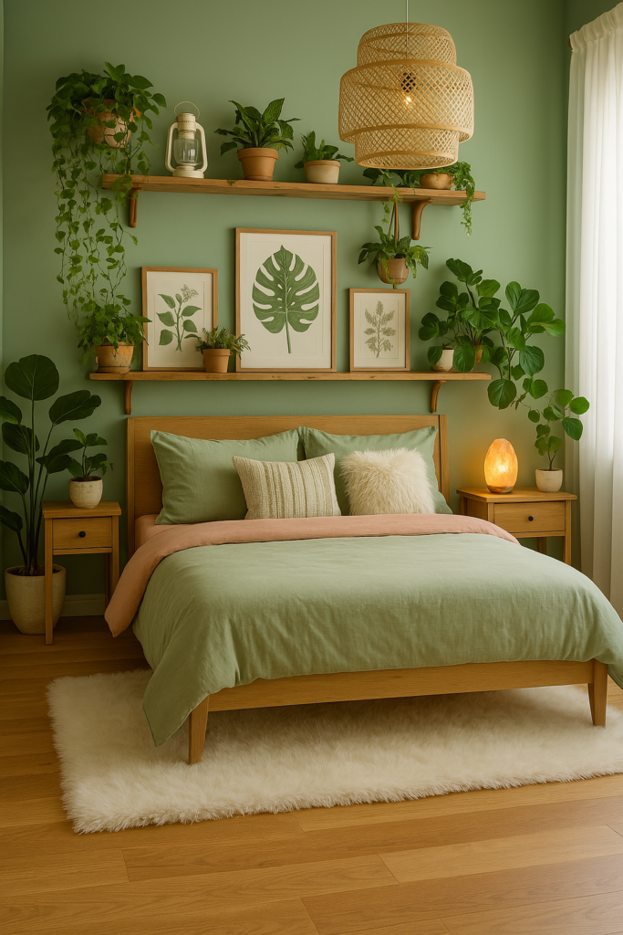 vertical sage green wall boho bedroom with white fluffy rug