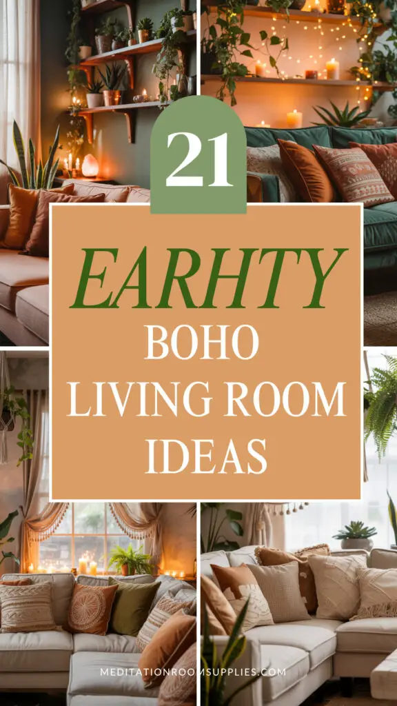 21 earthy boho living room ideas pin text overlay over collage of boho living rooms
