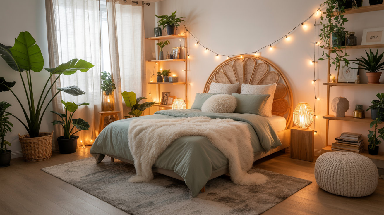 cozy boho bedroom with sage green bedding, rattan furniture, plants and fairy lights