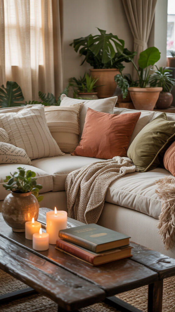 earthy boho living room25