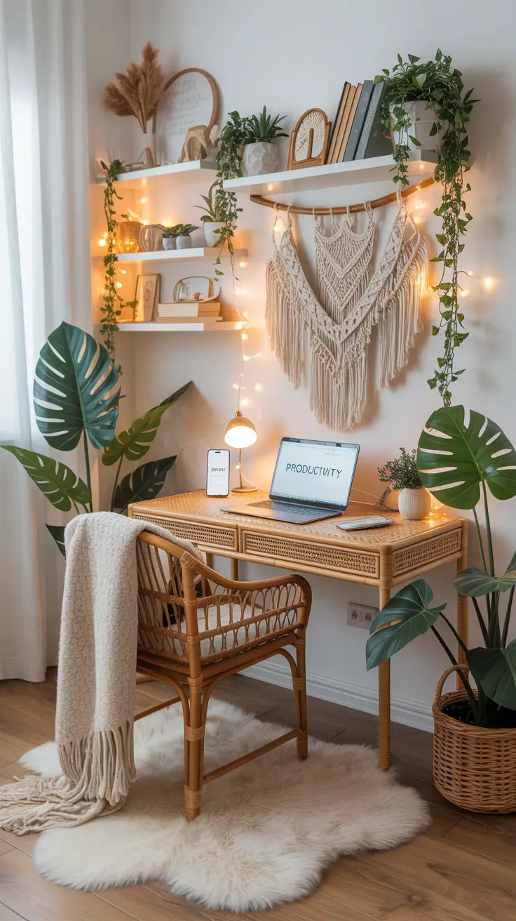 cozy boho home office with large macrame wall art, plants on baskets, rattan furniture
