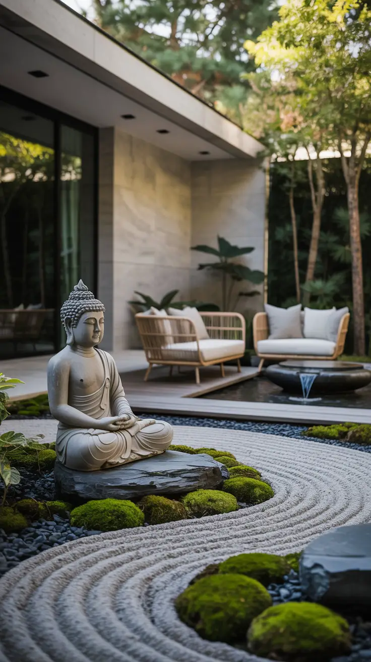buddha statue in backyard with sand path in japanese zen garden