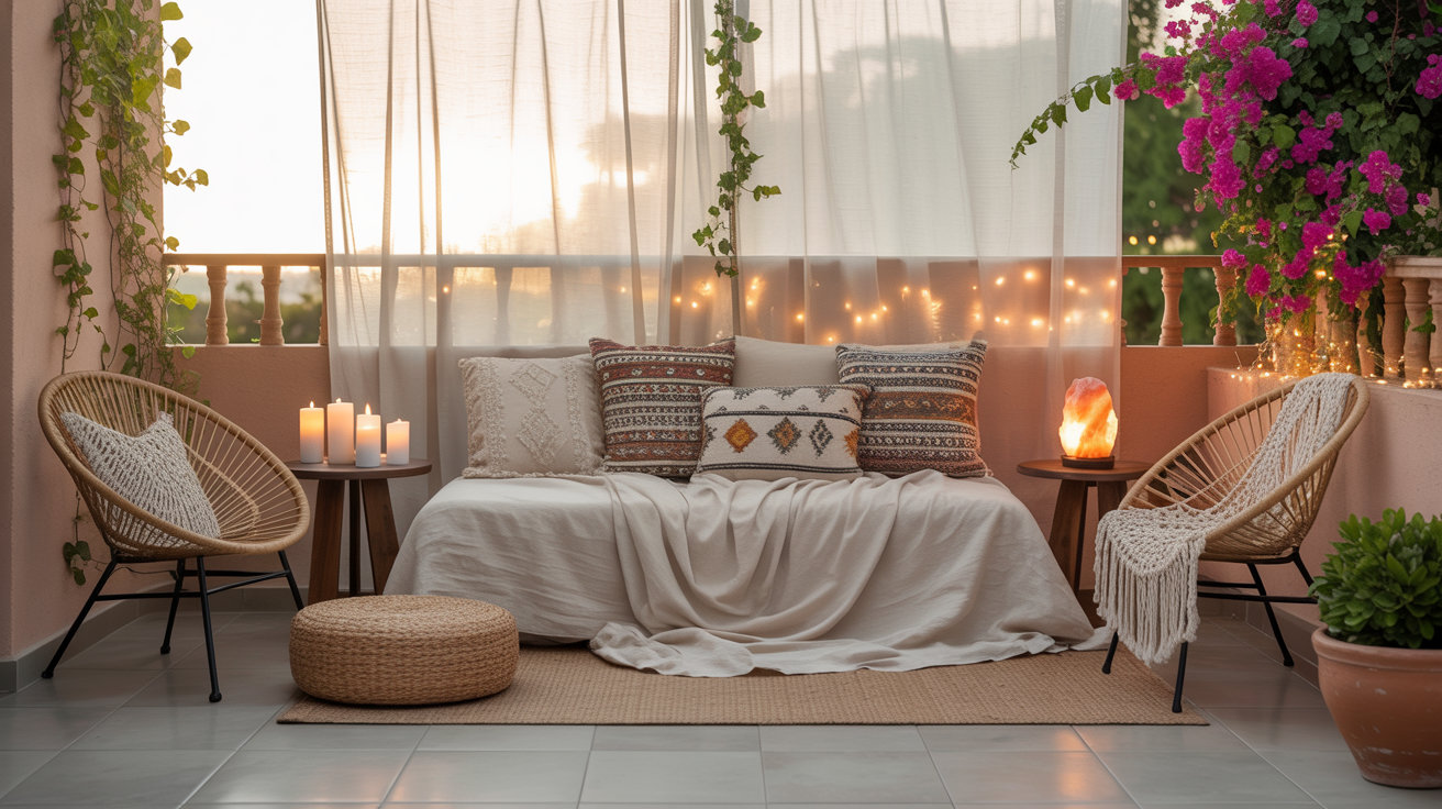 balcony with boho decor, candles on table, pouf on floor and plants