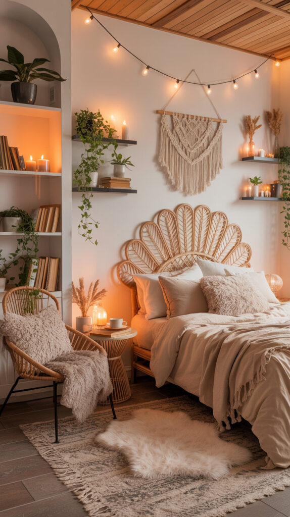 boho chic bedroom12 reading nook next to rattan headboard bed, boho decor items on wall