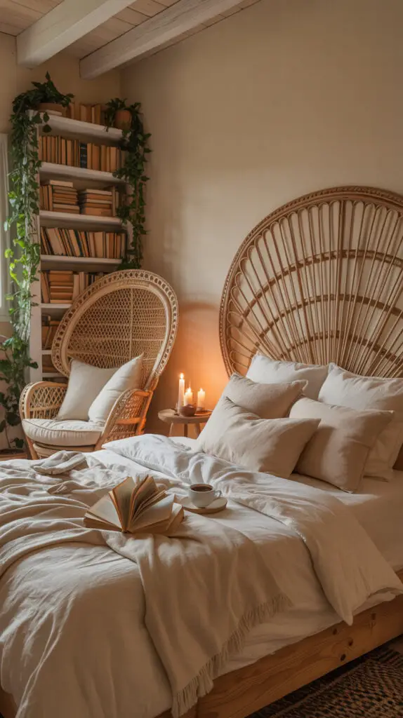 boho chic bedroom with rattan peacock chair and rattan head board