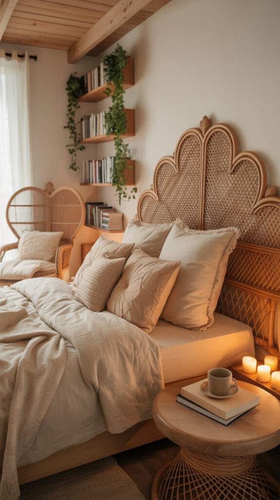 boho chic bedroom16 cozy boho chic bed with rattan headboard, rattan reading nook with floating shelves with books