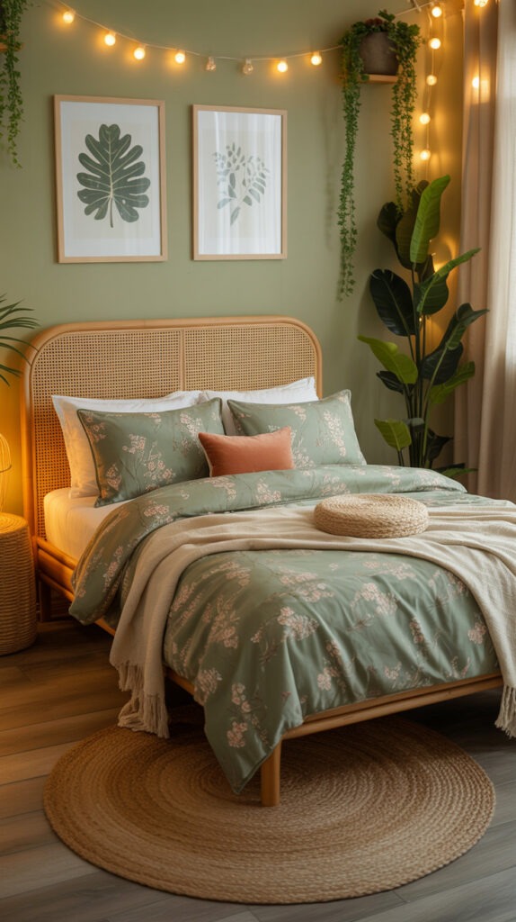 boho chic bedroom20 bohemian bedroom with floral bedspread, botanical wall art and string lights