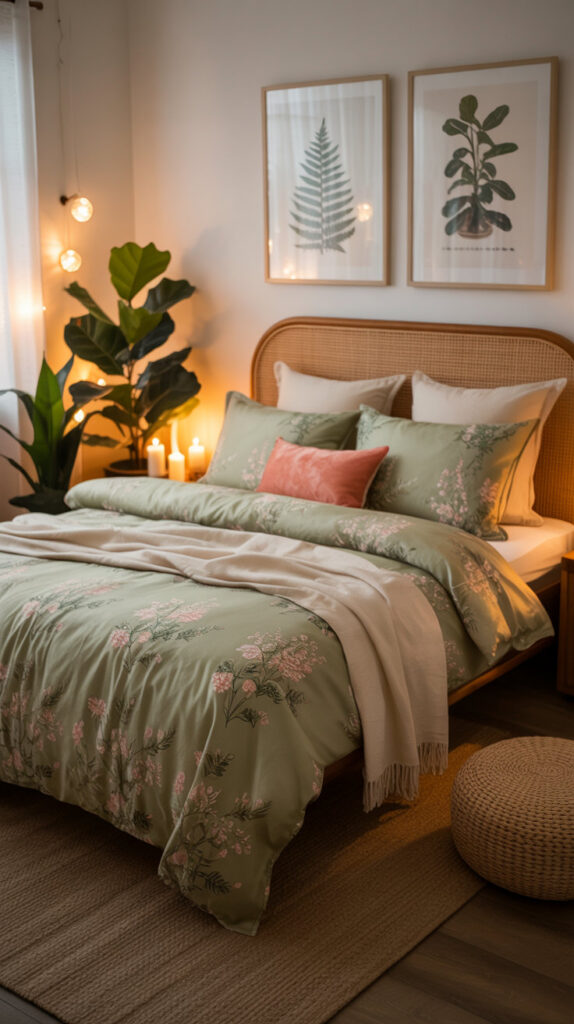 boho chic bedroom21 relaxing boho decor bed with green floral bedspread,