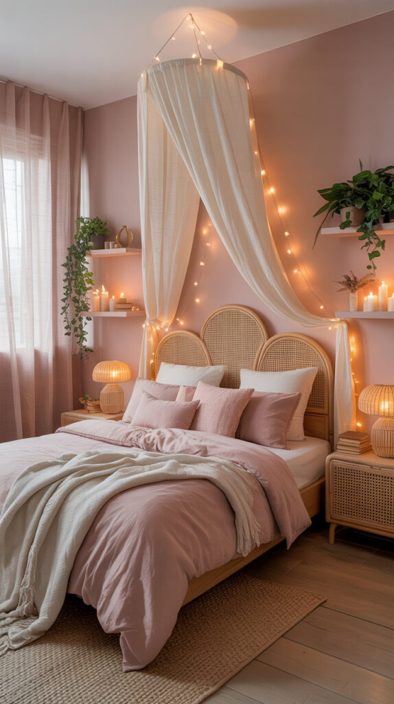boho chic bedroom22 boho bedroom with pink walls, pink and white beding, floating shelvesw with candles and plants, on top is a canopy with string lights