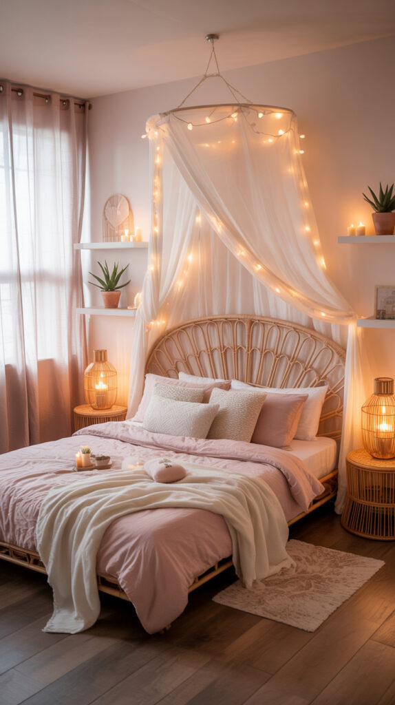 boho chic bedroom24 pink decor boho chic bedroom with strings of lights and plants