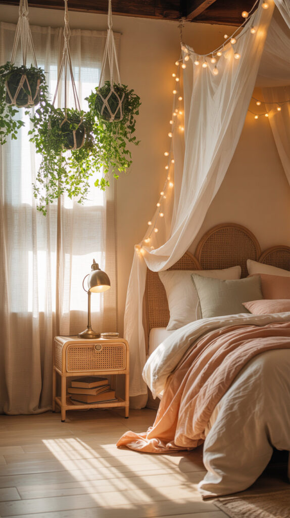 boho chic bedroom26 beautiful boho bedroom with hanging plants with macrame planters, rattan night table and bed headboard, canopy with srtings of lights
