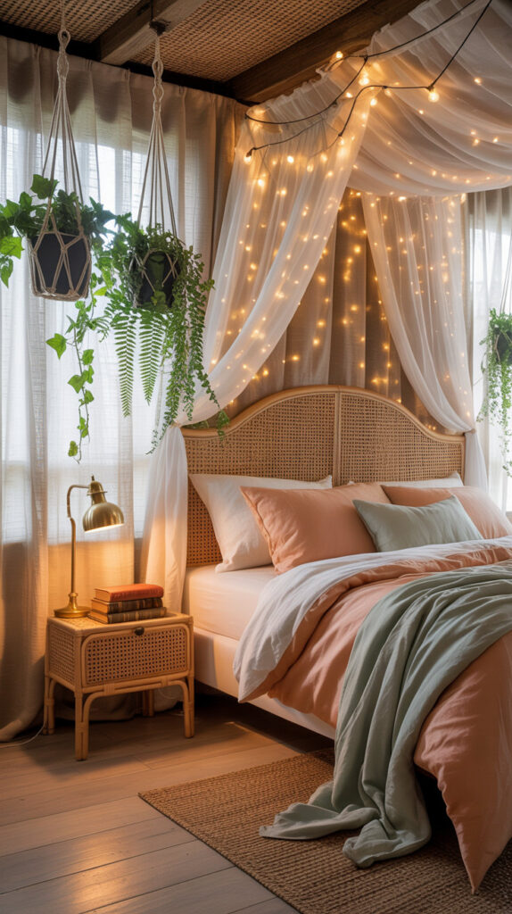 boho chic bedroom27 boho bedroom with macrame plant holders with plants, rattan head board , string of lights, sheer white curtains covering windows