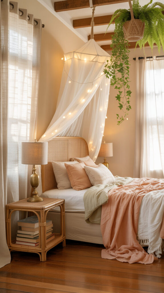 boho chic bedroom28 wooden beams on ceiling, hangin plant, canopy with string of lights, bed with cozy bedding