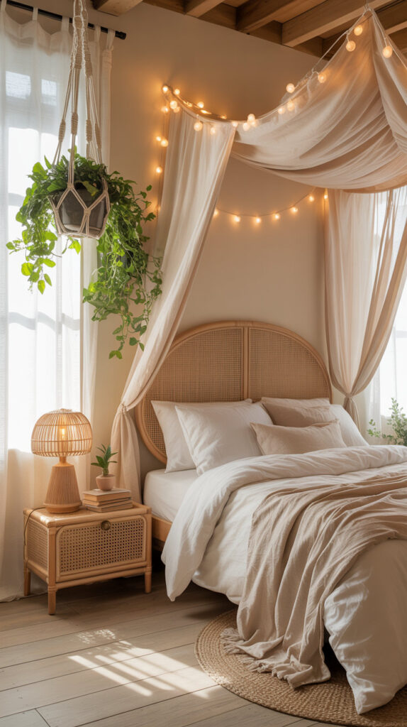 boho chic bedroom30 boho chic bedroom with canopy with string lights, plant with a macrame , bed has a rattan headboard