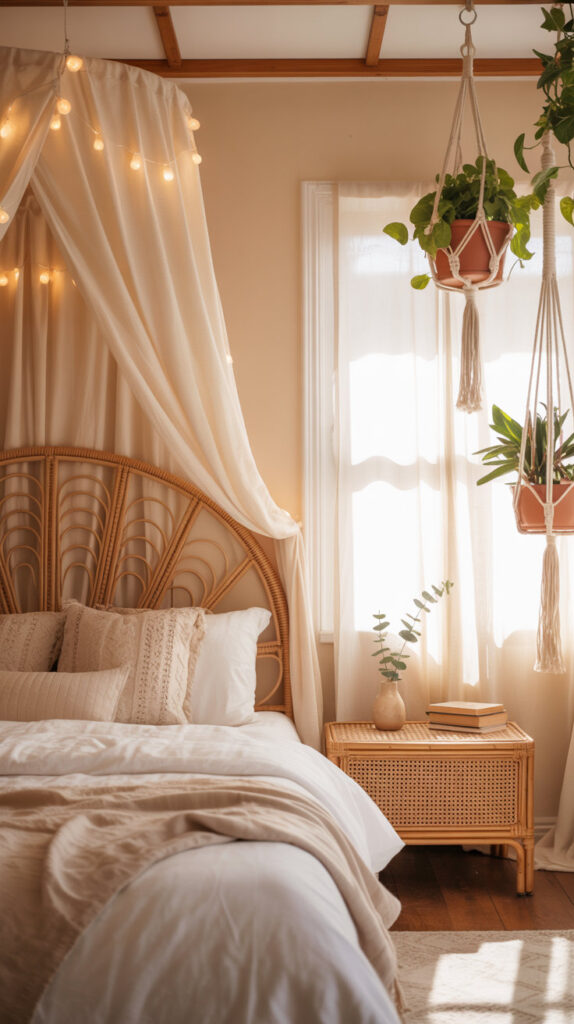 boho chic bedroom32 calming bedroom with a cream canopy and string lights over a bed with a rattan head board and cream bedding