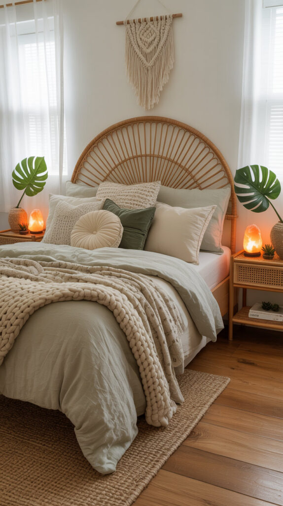boho chic bedroom35 bedroom with boho decor , round arch rattan bedframe, green and beige bedding