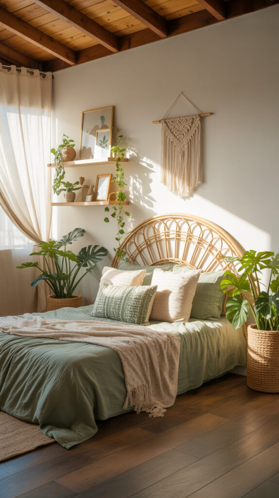 boho chic bedroom40 bed with green bedding, floating shelves with plants and picture frames, macrame wall art boho style bedroom