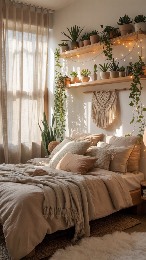 boho chic bedroom42 calming boho bed with lots of pillow, over it floating shelves with plants and candles, macrame wall art