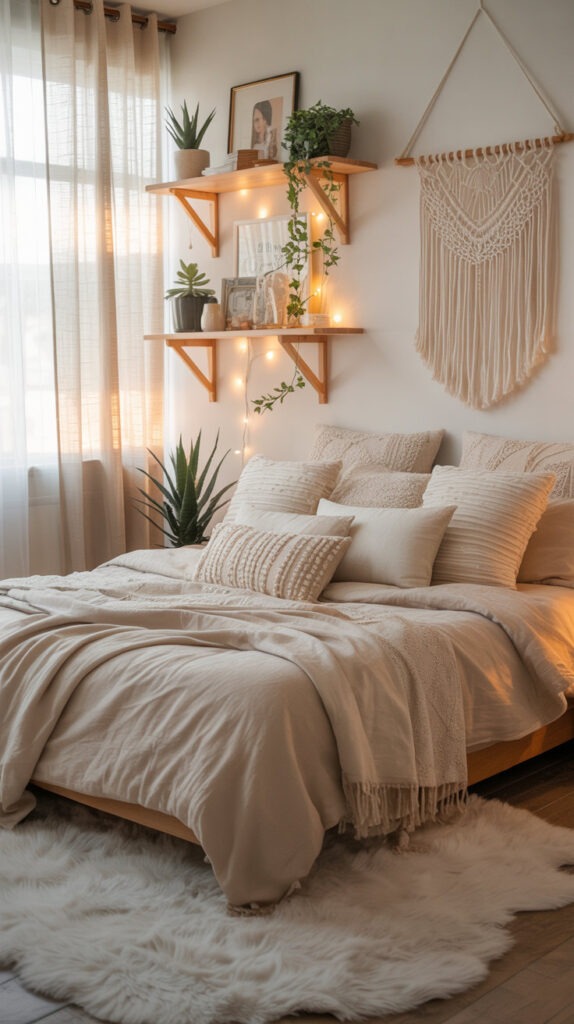 boho chic bedroom43 boho chic bedroom with cream walls, macrame wall art, lots of throw pillows on bed