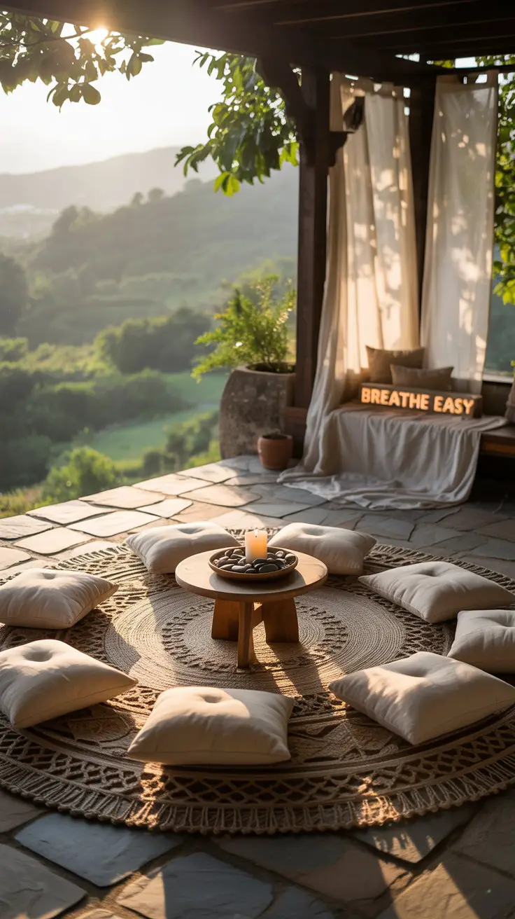 outdoor meditation space with cushions on top of jute rug overlooking the mountains