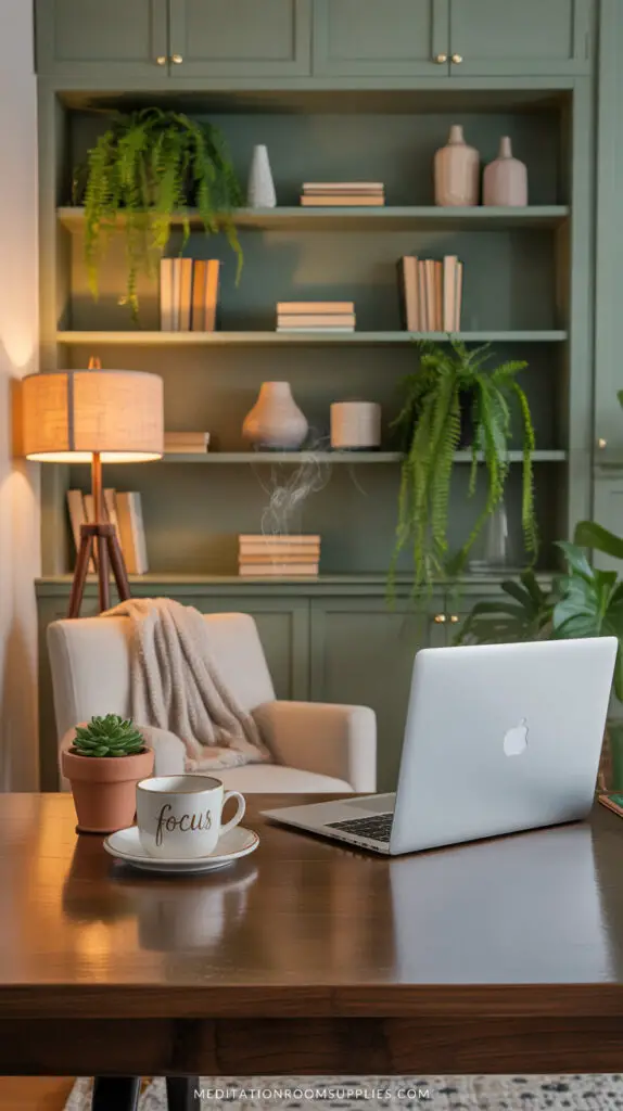 home office setup12 green shelves home office setup with cozy chair, wooden table, laptop