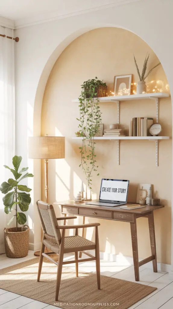 home office setup2 boho home office with arched wall decor, floating shelves with wooden furniture