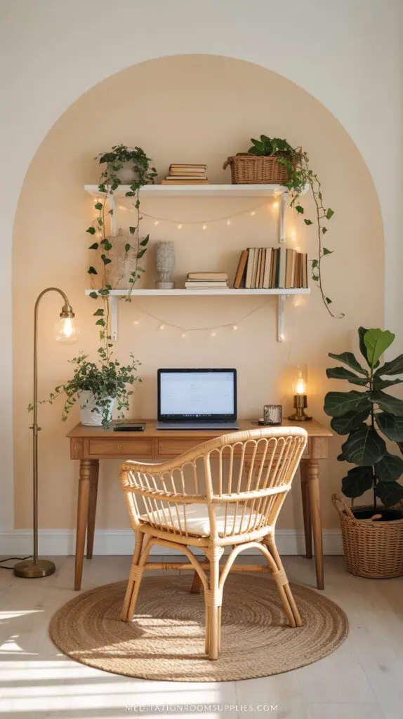 home office setup3 boho home office with painted arch on wall, rattan chair, floating shelves with plants
