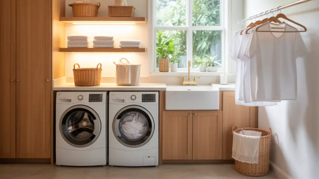 modern laundry room with farmhouse sink, drying rack with wooden hangers