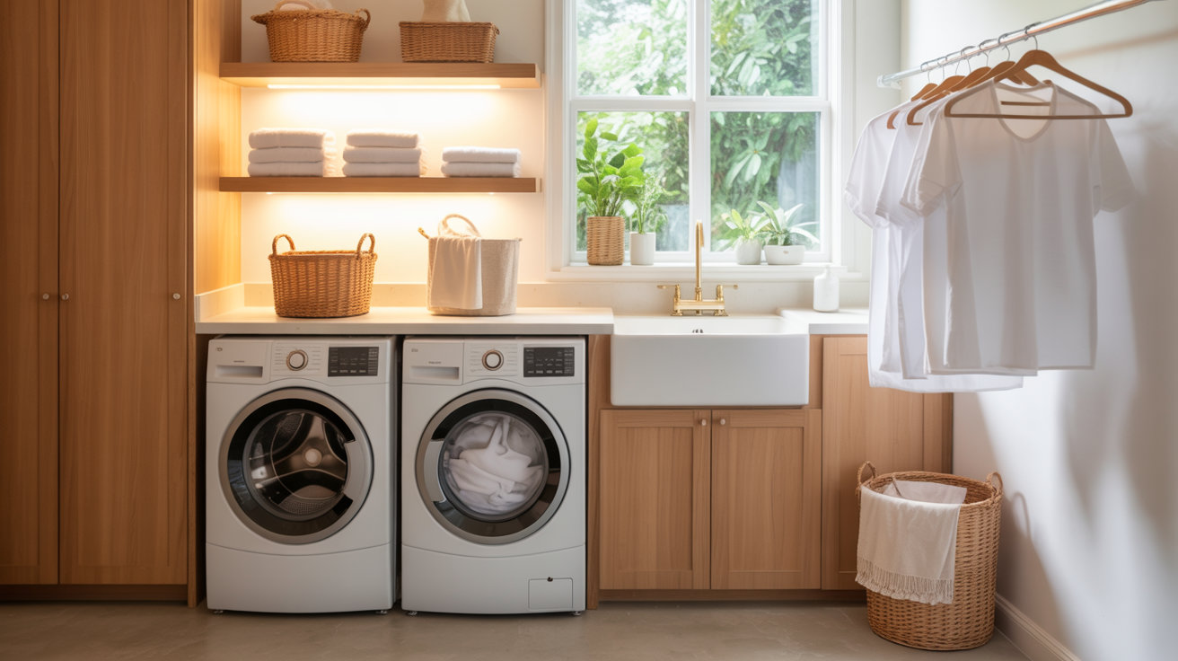 modern laundry room with farmhouse sink, drying rack with wooden hangers