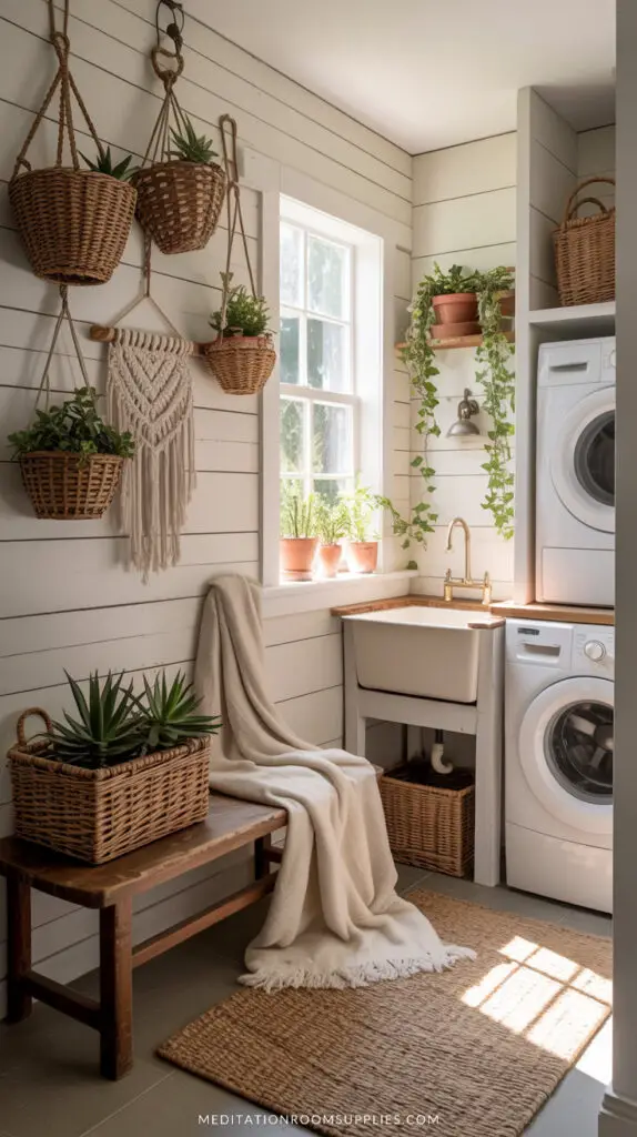 mud room with laundry area, plants hanging on macrame hangers