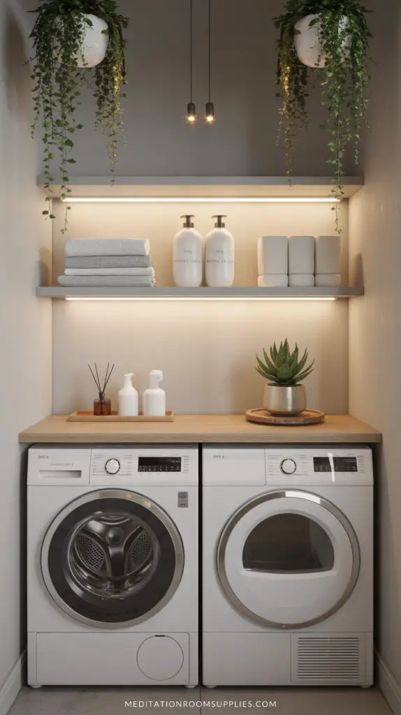 mini laundry room with washer and dryer, shelves with towels and plants on hangers