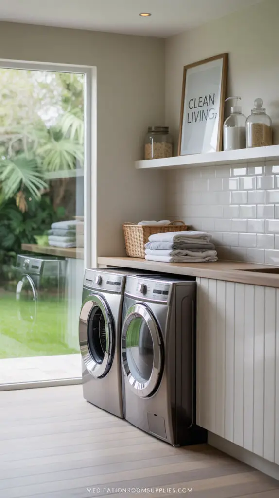minimalist laundry room with washer and dryer and shelf