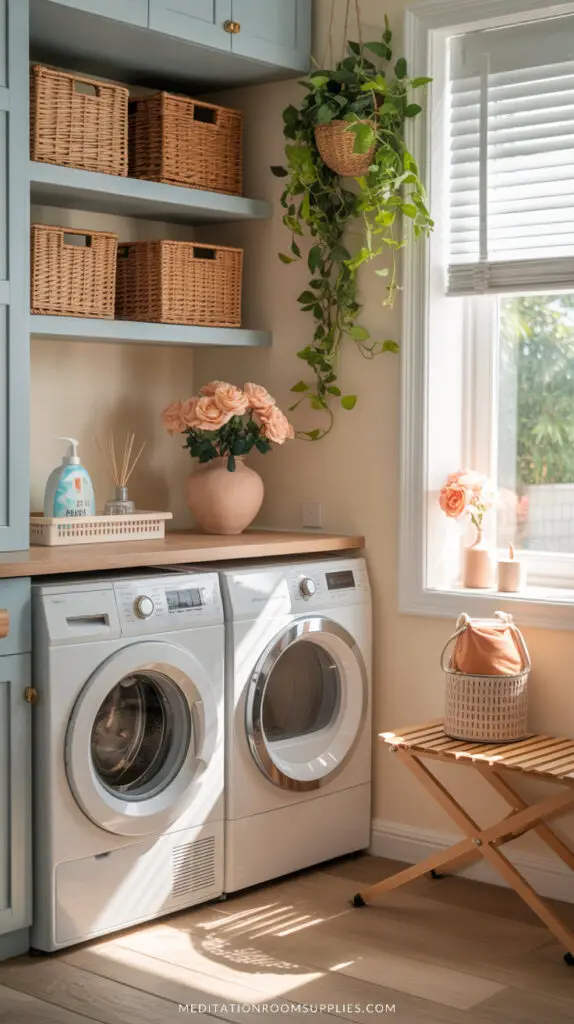 elegant laundry room with blue shelves, washer and dryer
