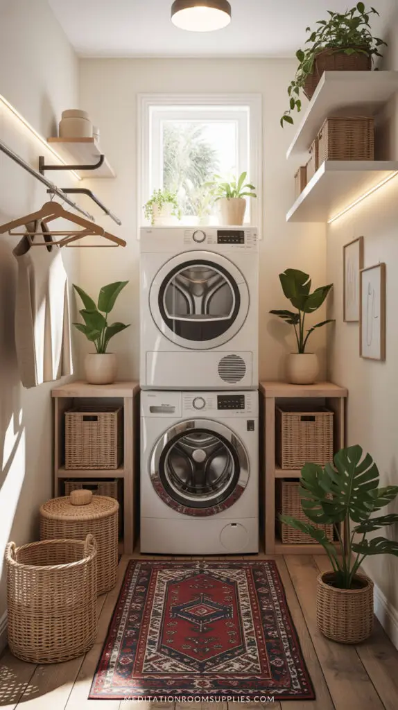 tiny laundry room with stackable washer and dryer, drying rack, floating shelves with plants