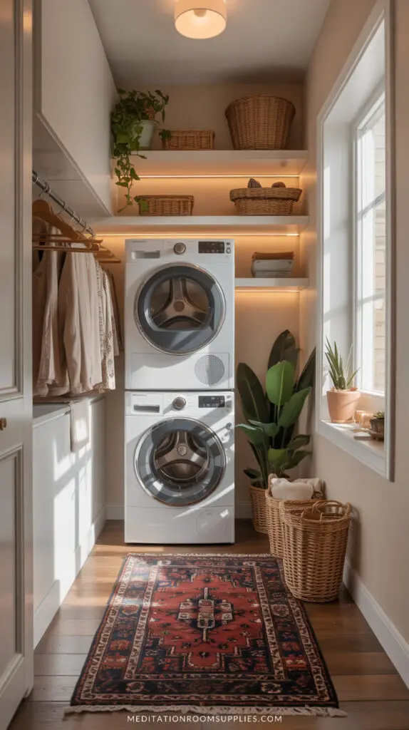 narrow laundry room with stackable washer and dryer, drying rack and shelves