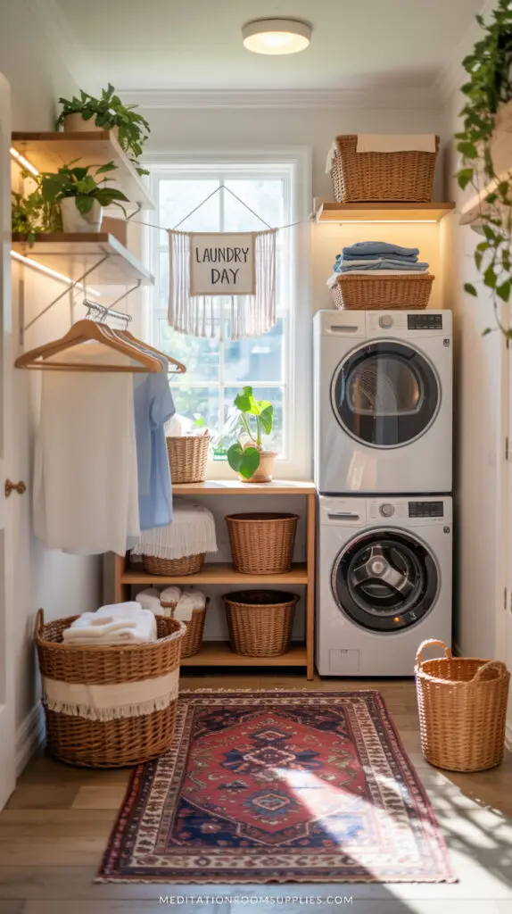 narrow laundry room with stackable washer and dryer, dryer rack, laundry basket
