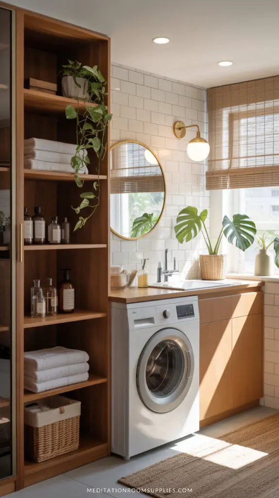 elegant laundry room with tall shelves, mirror, sink