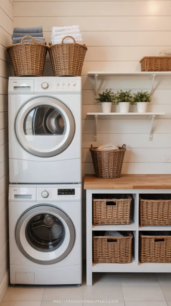 tiny laundry room with stackable washer and dryer, shelves with storage baskets