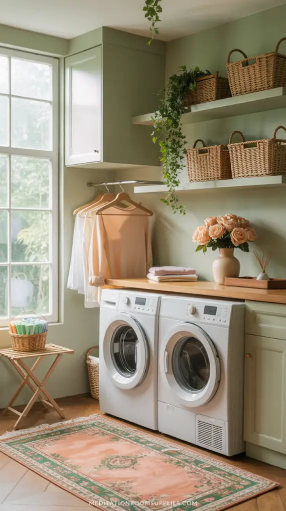 small laundry room with sage green wall, shelving with storage