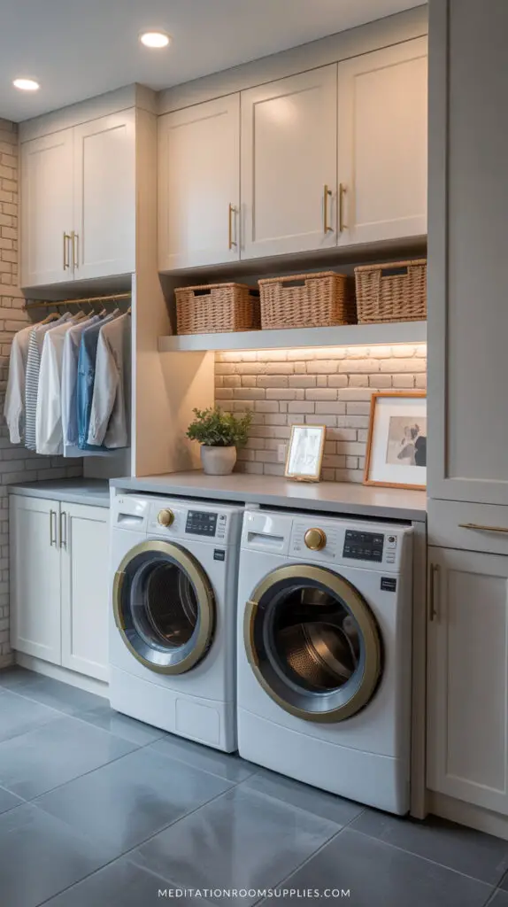 utility room with washer and dryer, cabinets